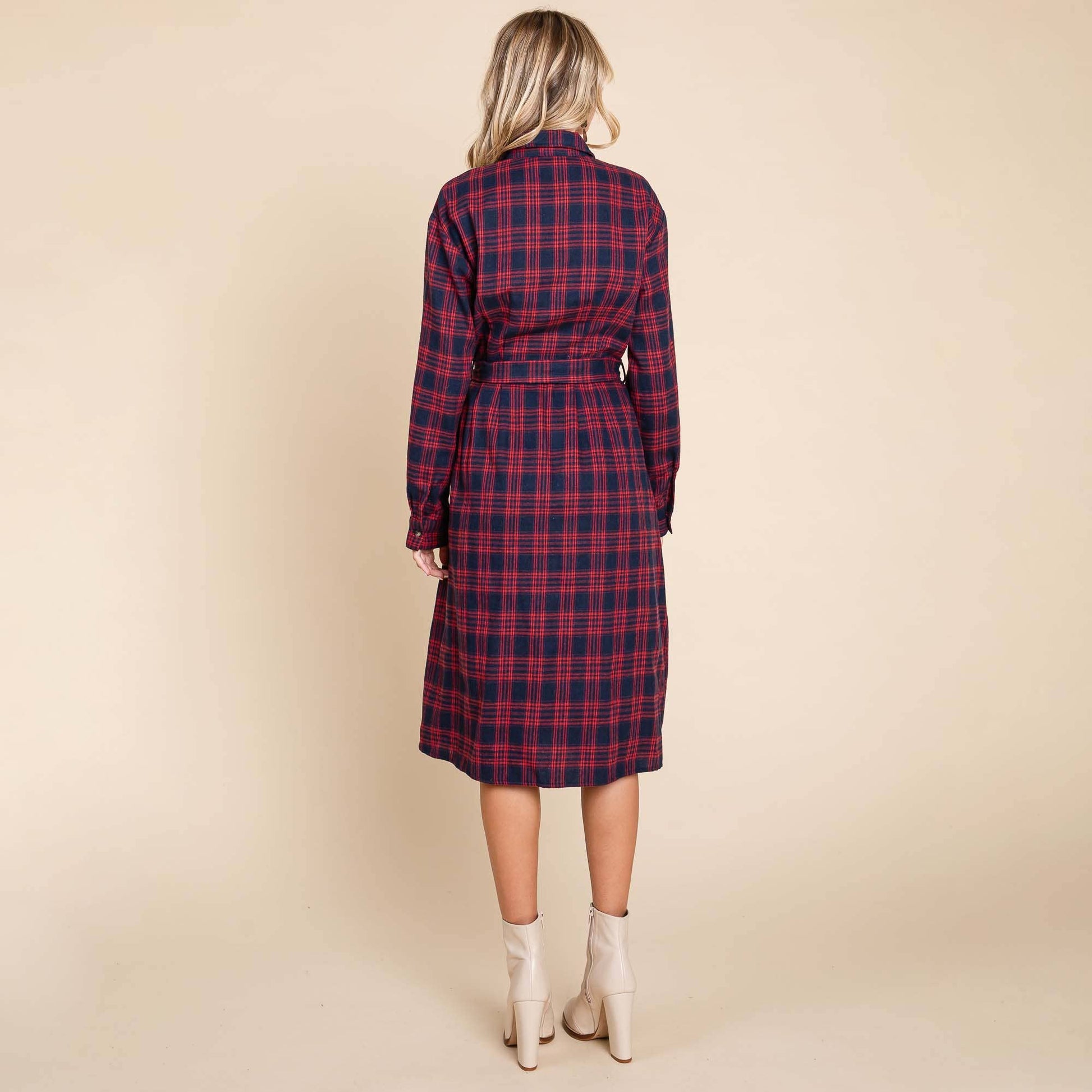 Red Long Sleeve Plaid Belted Flannel Shirt Dress - Purpose + Passion Boutique