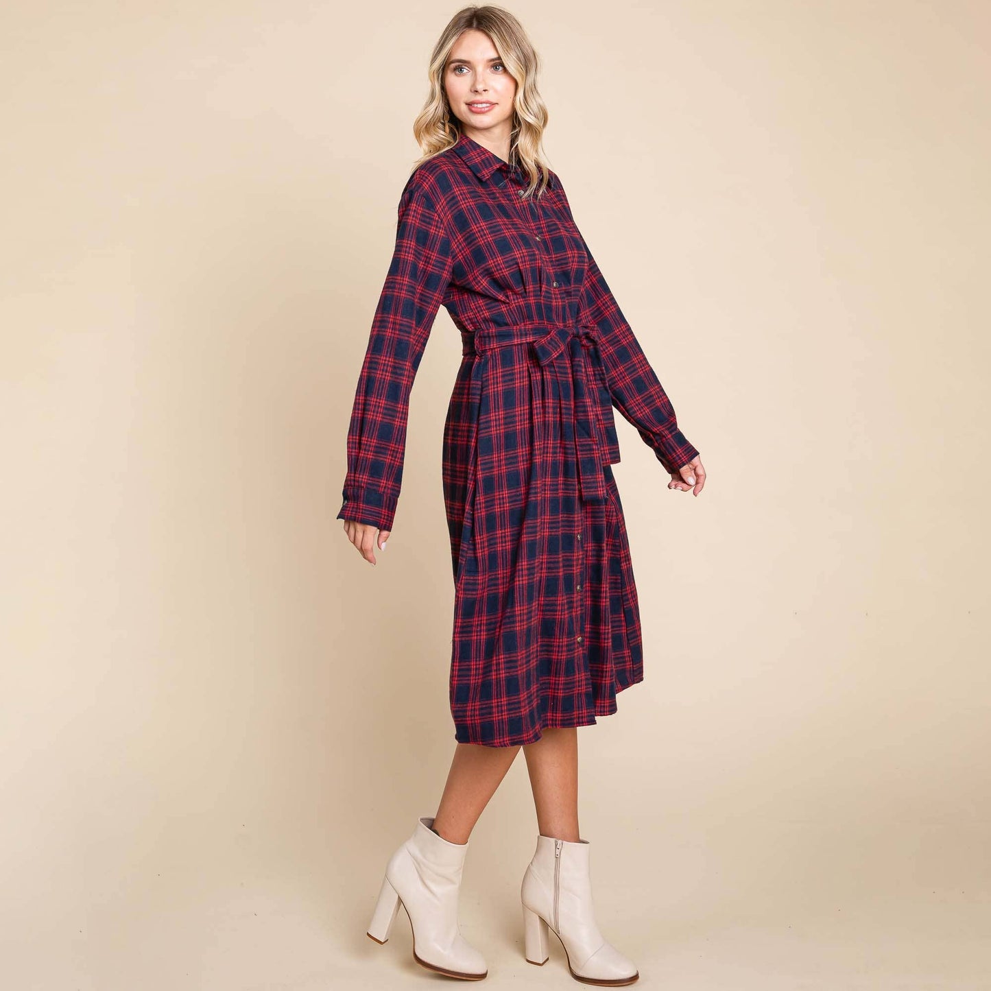 Red Long Sleeve Plaid Belted Flannel Shirt Dress - Purpose + Passion Boutique