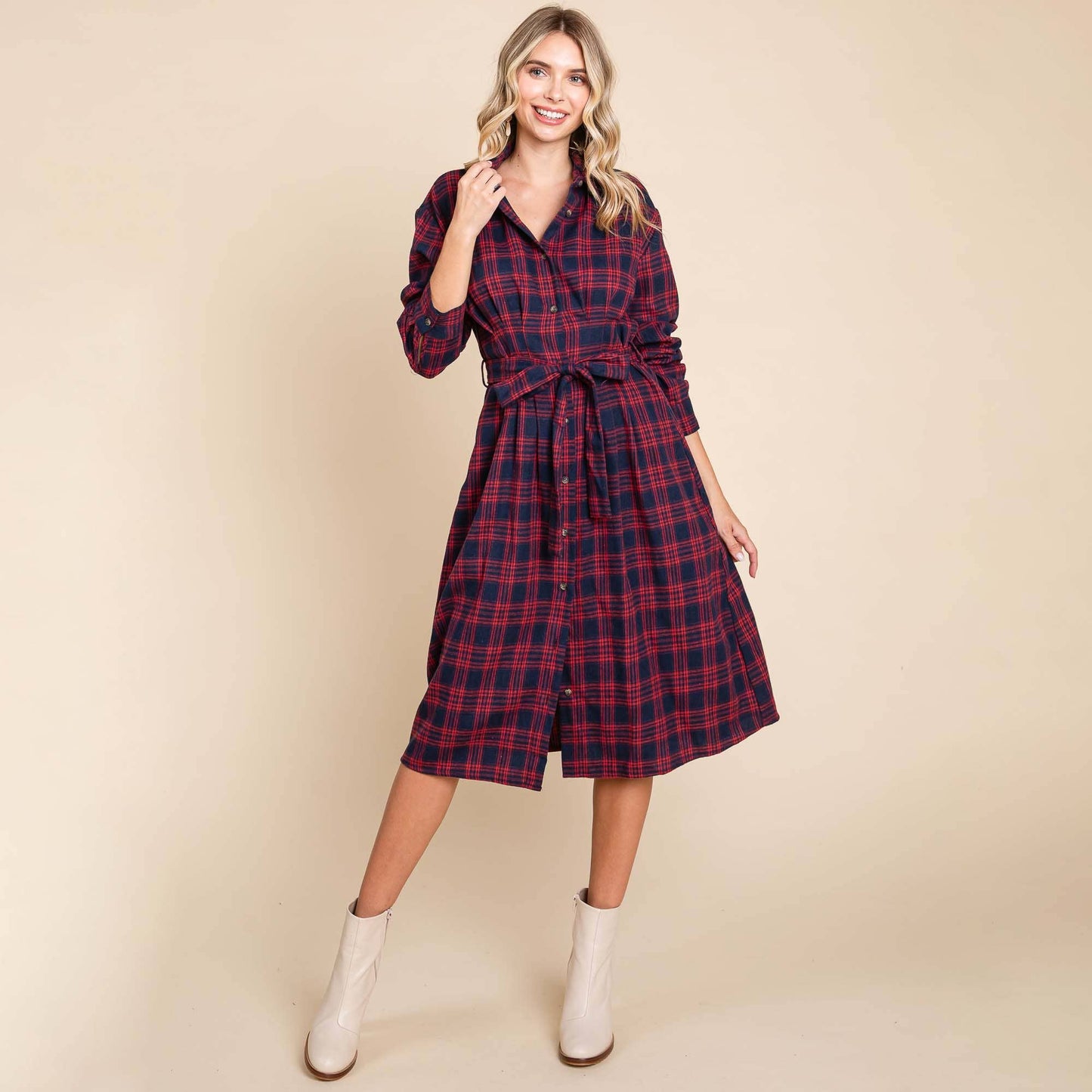 Red Long Sleeve Plaid Belted Flannel Shirt Dress - Purpose + Passion Boutique