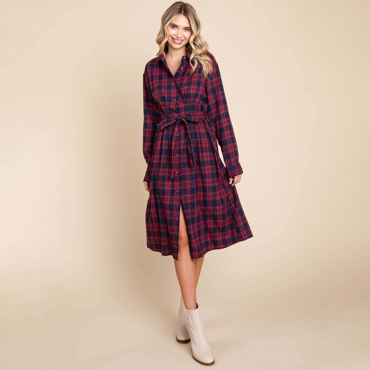 Red Long Sleeve Plaid Belted Flannel Shirt Dress - Purpose + Passion Boutique