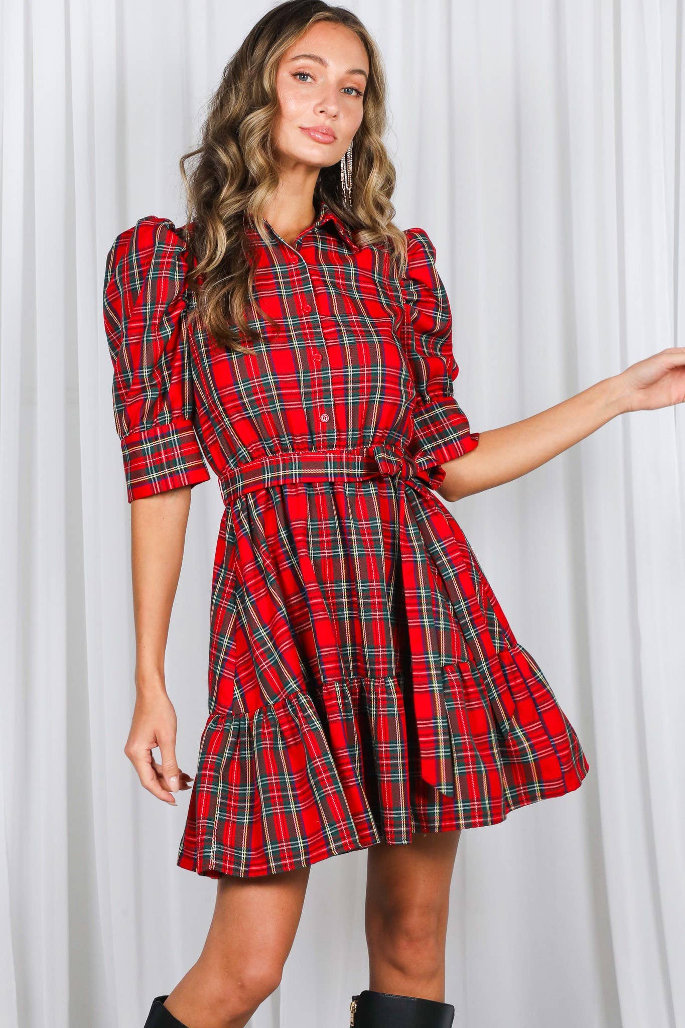 Red Plaid Short Puff Sleeve Mini Dress - Purpose + Passion Boutique