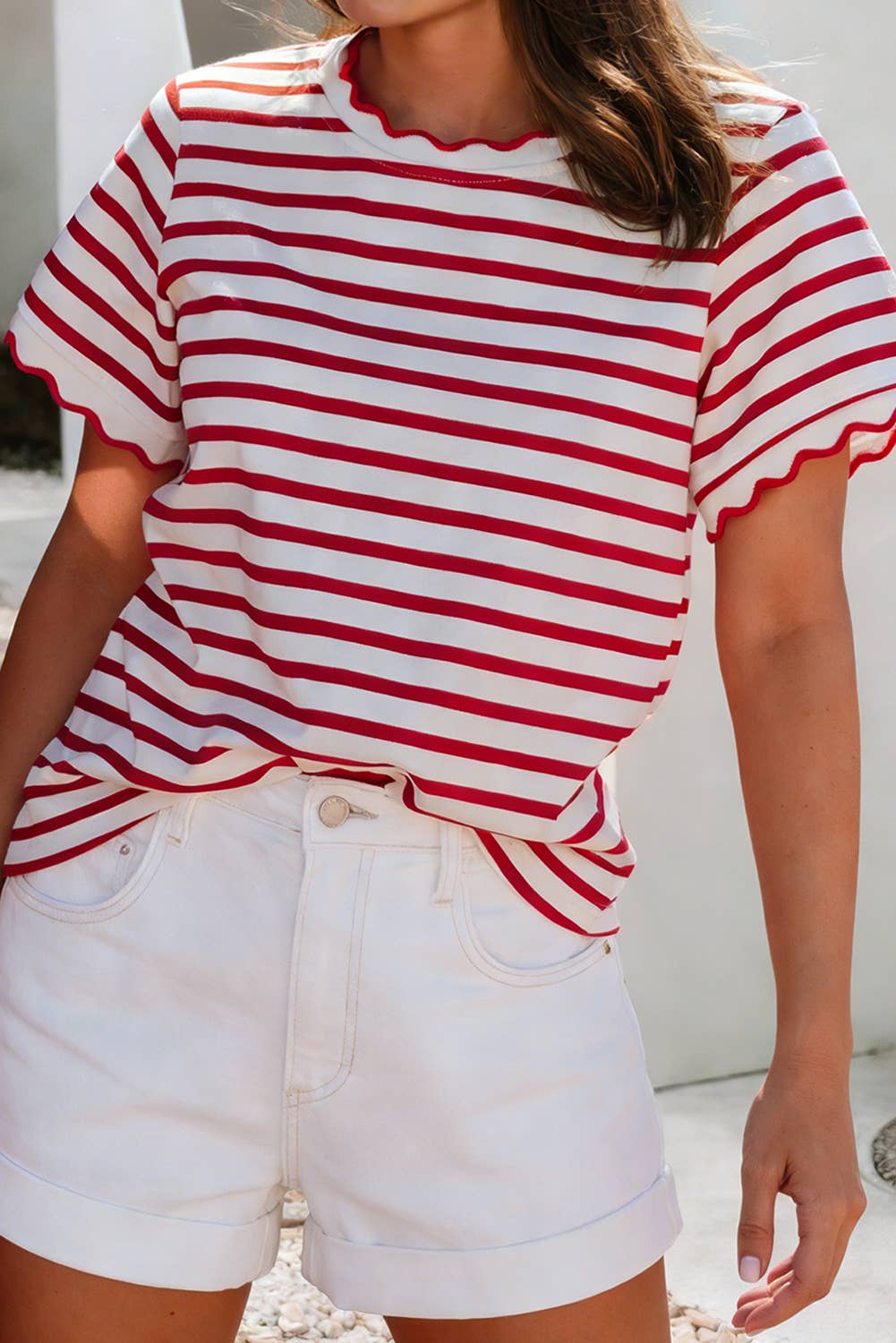 Red Stripe Scalloped Trim Round Neck T-Shirt - Purpose + Passion Boutique