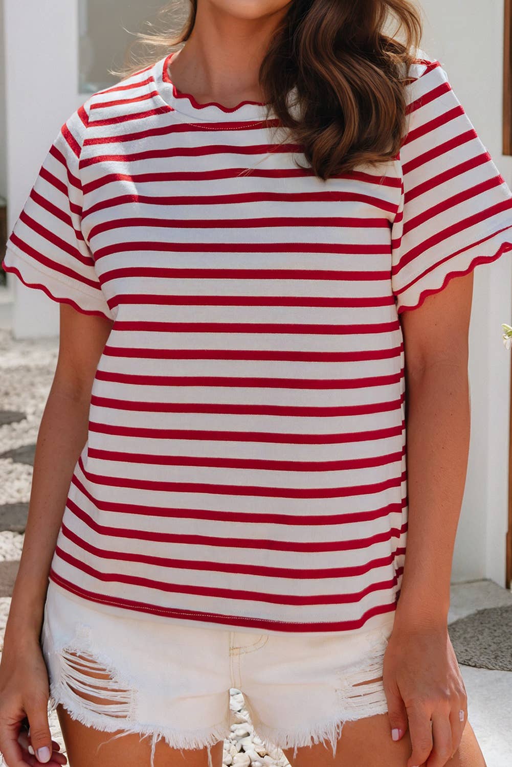 Red Stripe Scalloped Trim Round Neck T-Shirt - Purpose + Passion Boutique