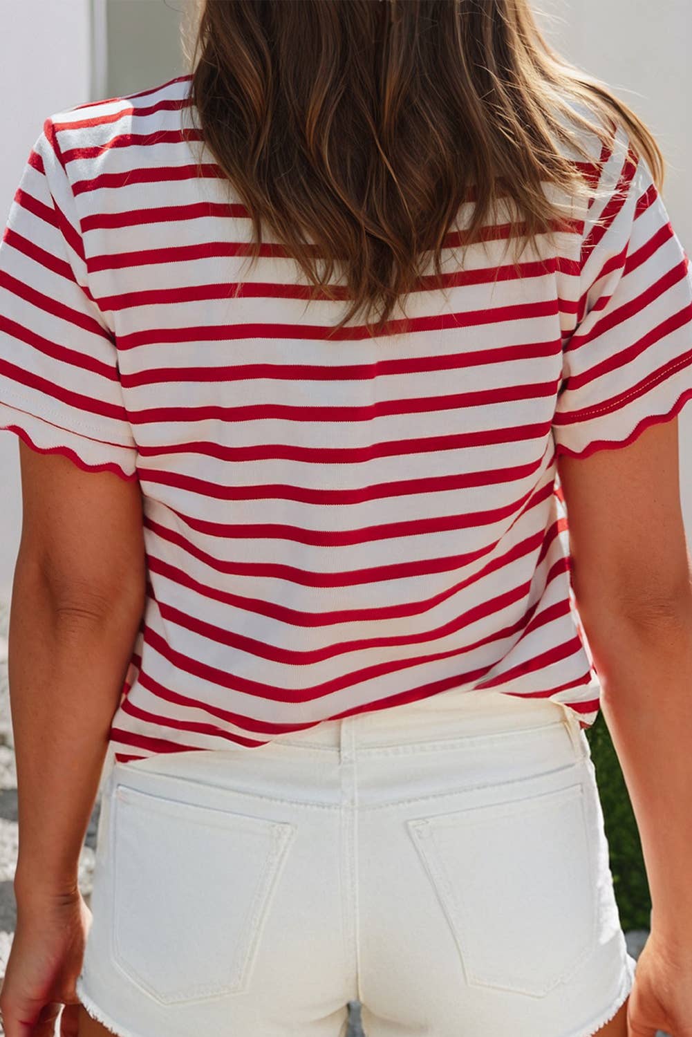 Red Stripe Scalloped Trim Round Neck T-Shirt - Purpose + Passion Boutique