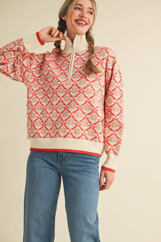 Red/Orange Floral Mock Neck Half Zip Pullover - Purpose + Passion Boutique