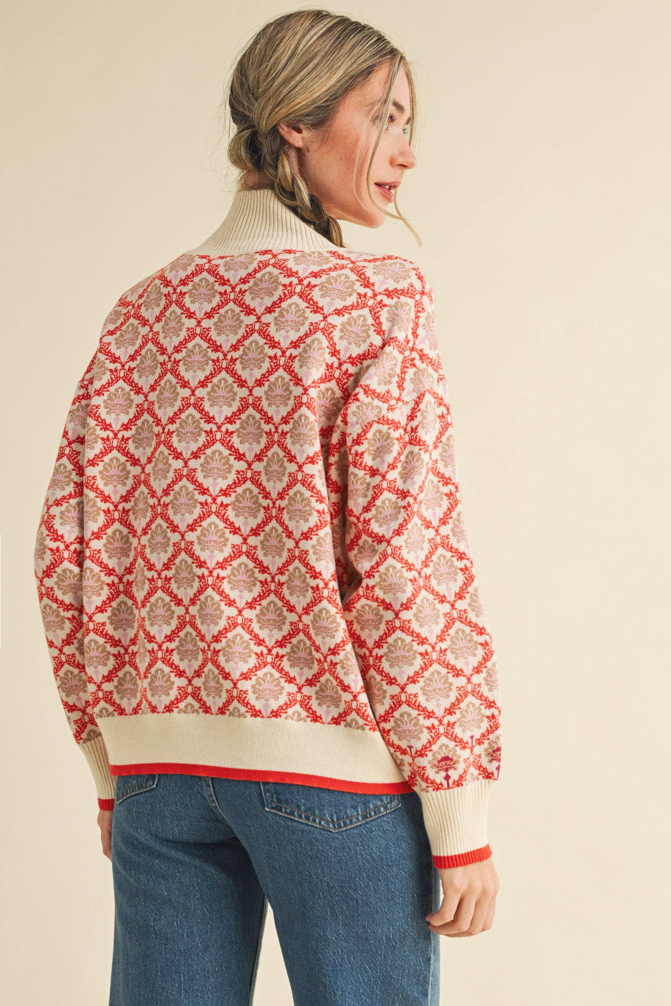 Red/Orange Floral Mock Neck Half Zip Pullover - Purpose + Passion Boutique