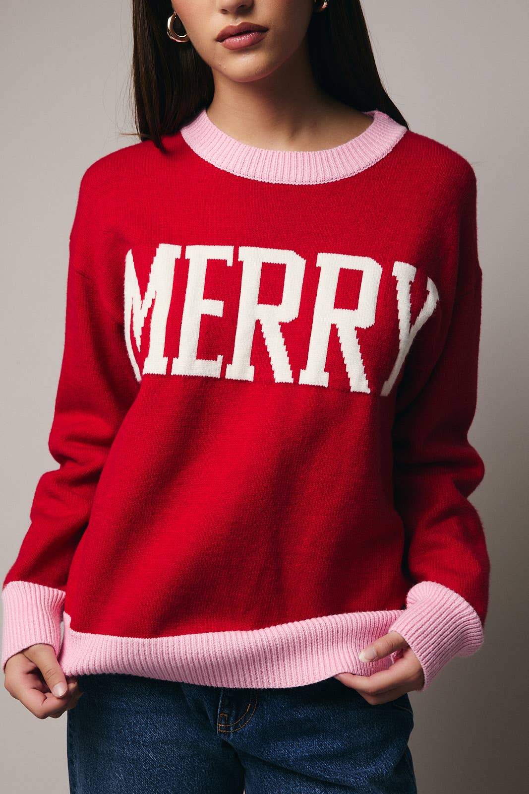 Red/Pink Crew Neck Long Sleeve "Merry" Sweater - Purpose + Passion Boutique