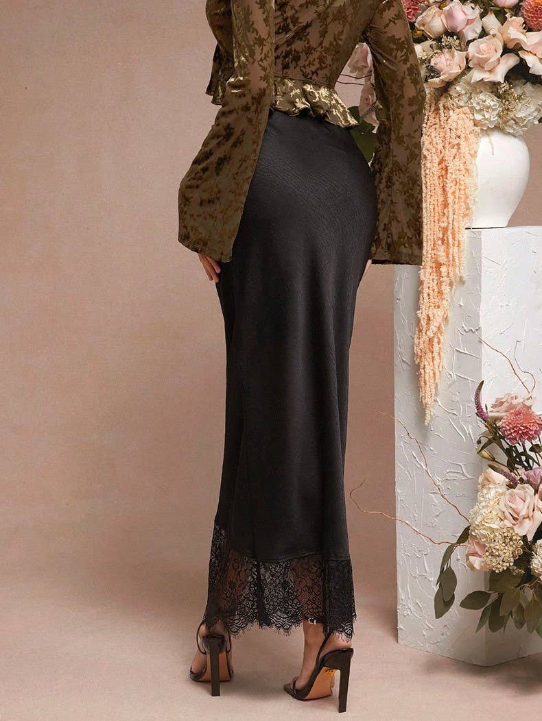 Retro Lace - Trimmed Black Satin Midi Skirt - Purpose + Passion Boutique