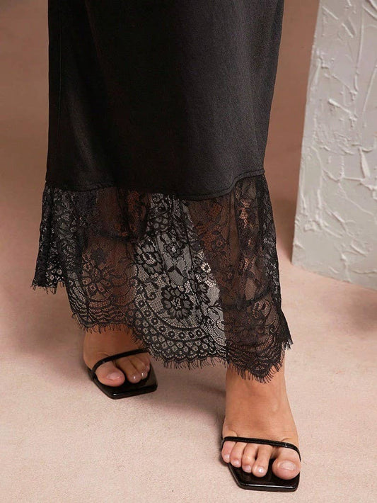 Retro Lace - Trimmed Black Satin Midi Skirt - Purpose + Passion Boutique