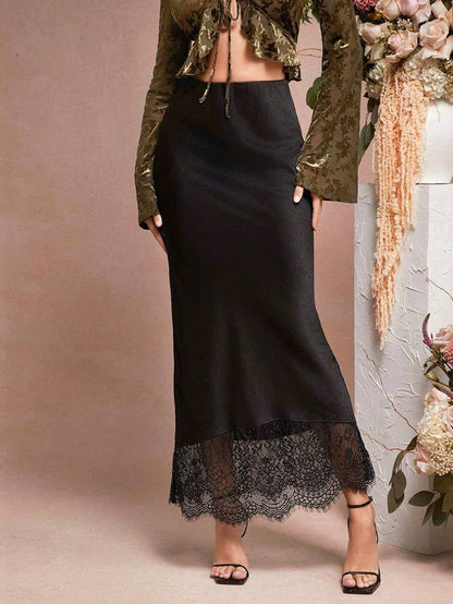 Retro Lace - Trimmed Black Satin Midi Skirt - Purpose + Passion Boutique
