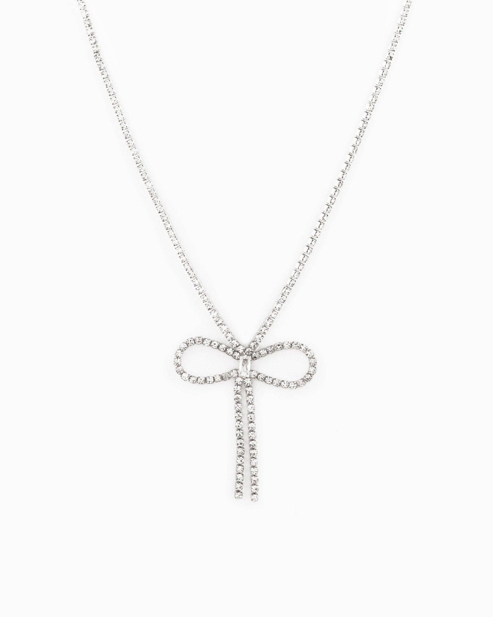 Rhinestone Chain Symmetrical Bow Necklace w/ Baguette CZ - Purpose + Passion Boutique