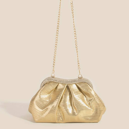 Rhinestone Embellished Metallic Gold Finish Evening Bag - Purpose + Passion Boutique
