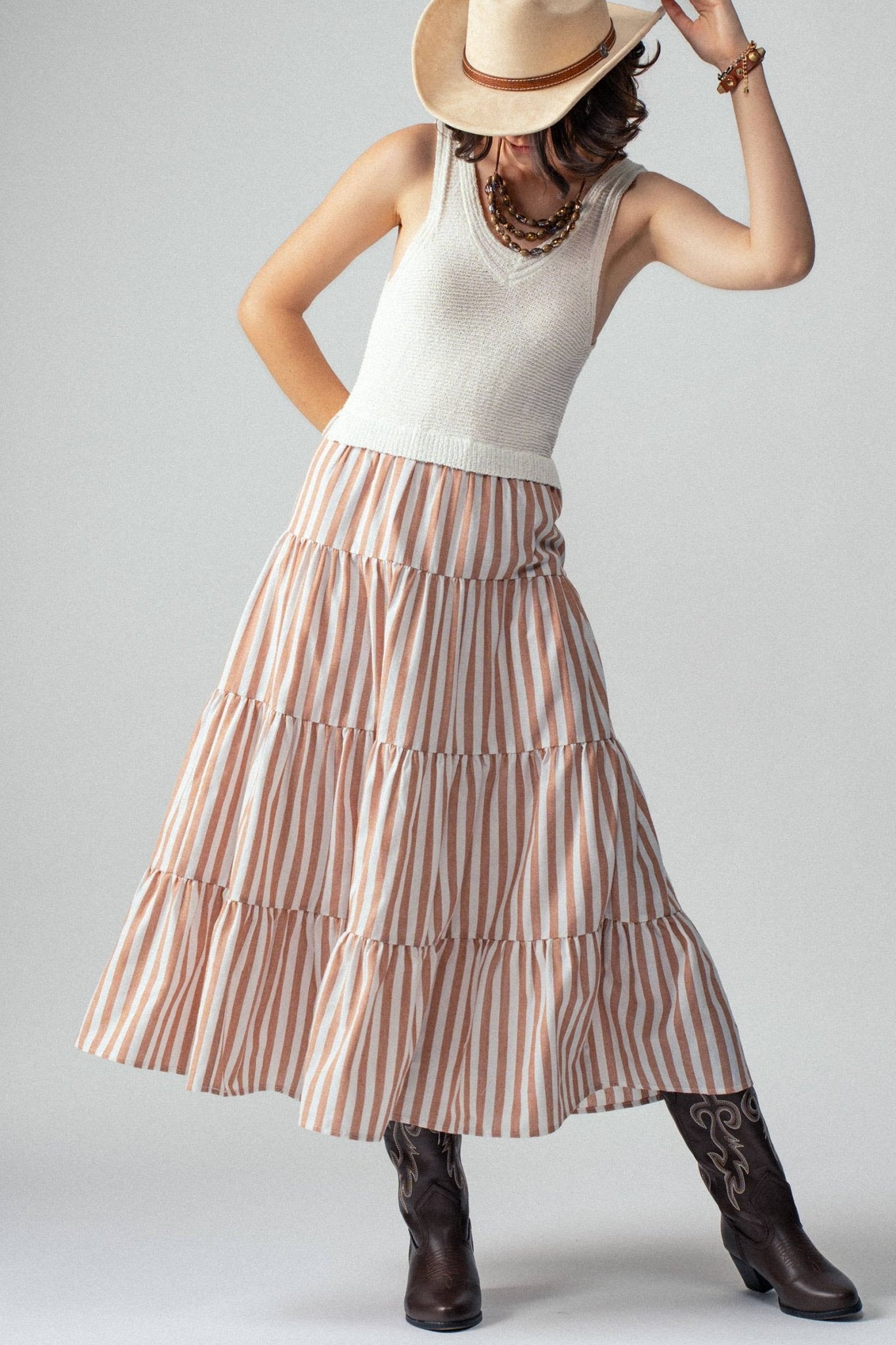 Ribbed Bodice Striped Khaki Tiered Maxi Dress - Purpose + Passion Boutique
