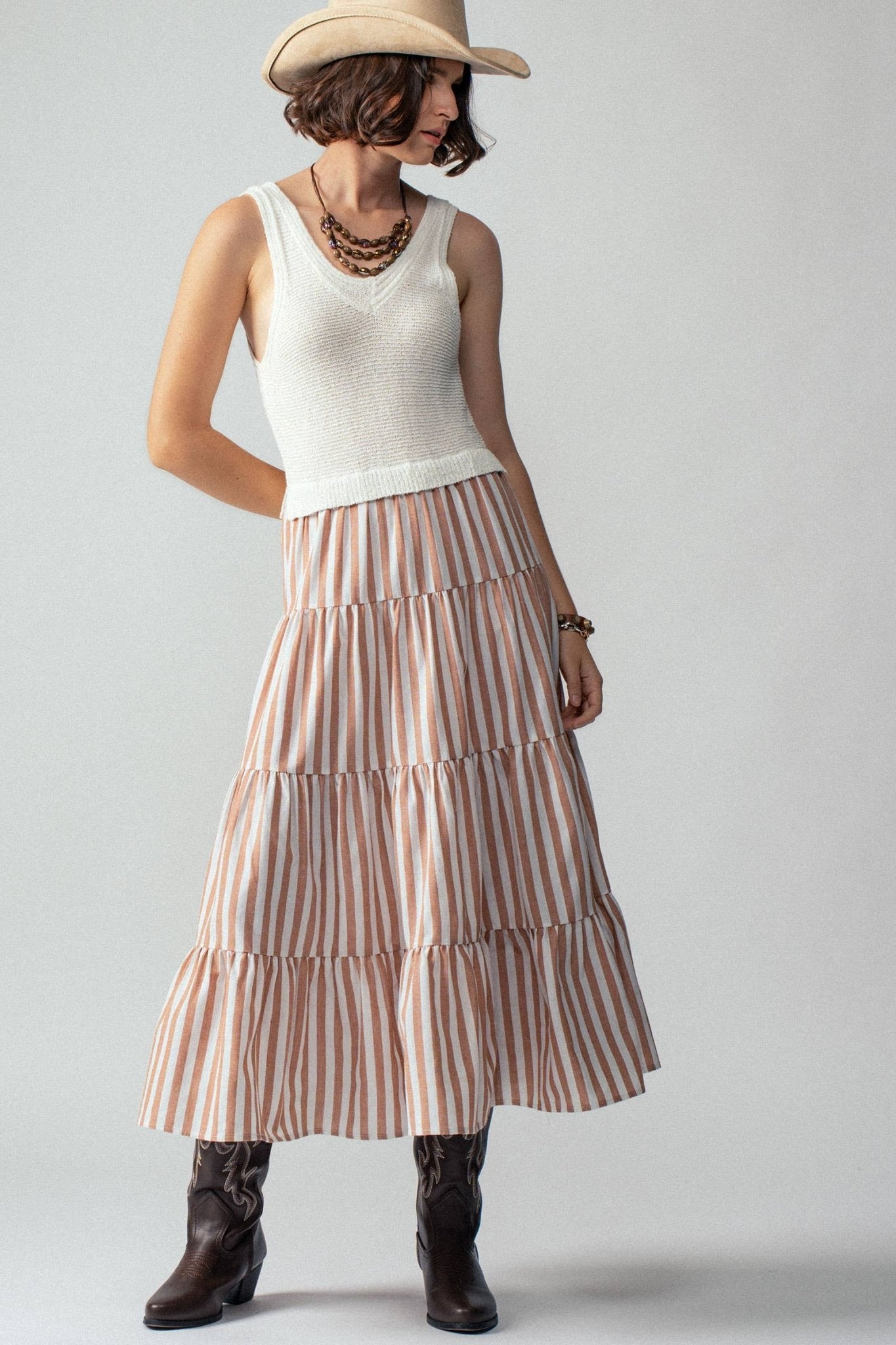 Ribbed Bodice Striped Khaki Tiered Maxi Dress - Purpose + Passion Boutique