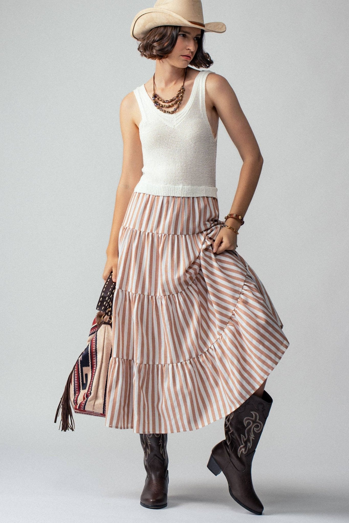 Ribbed Bodice Striped Khaki Tiered Maxi Dress - Purpose + Passion Boutique
