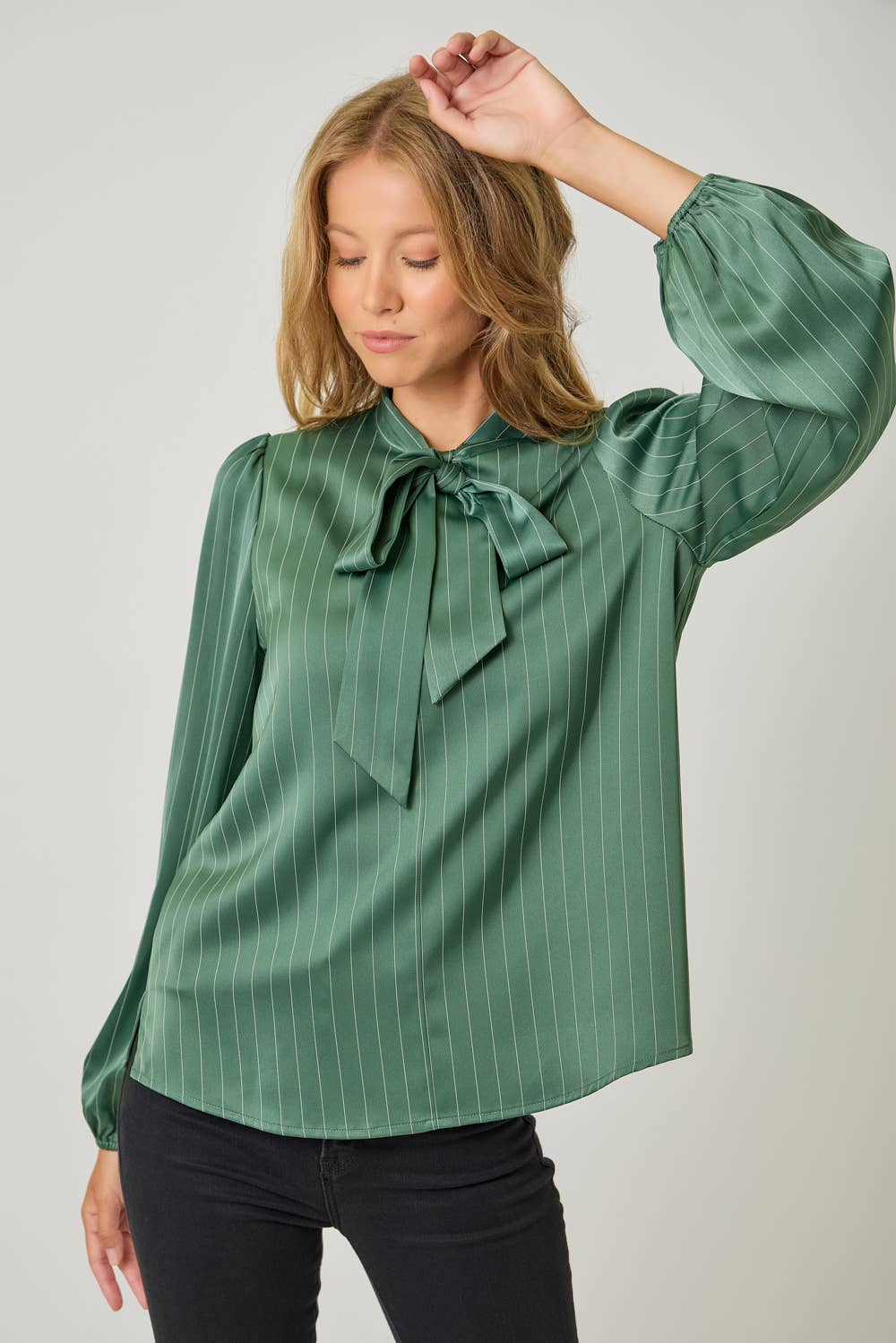 Ribbon Tie Stripe Bubble Sleeve Blouse - Purpose + Passion Boutique
