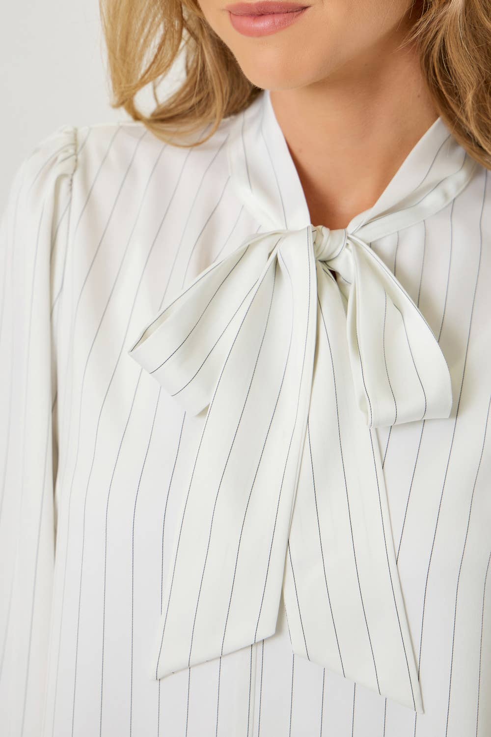 Ribbon Tie Stripe Bubble Sleeve Blouse - Purpose + Passion Boutique