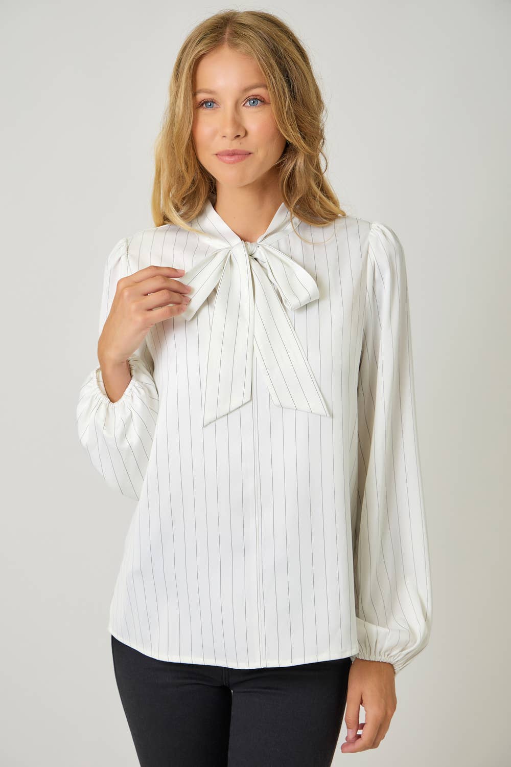 Ribbon Tie Stripe Bubble Sleeve Blouse - Purpose + Passion Boutique