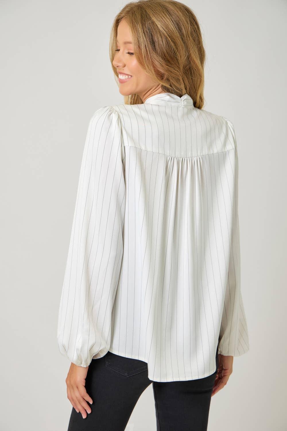 Ribbon Tie Stripe Bubble Sleeve Blouse - Purpose + Passion Boutique