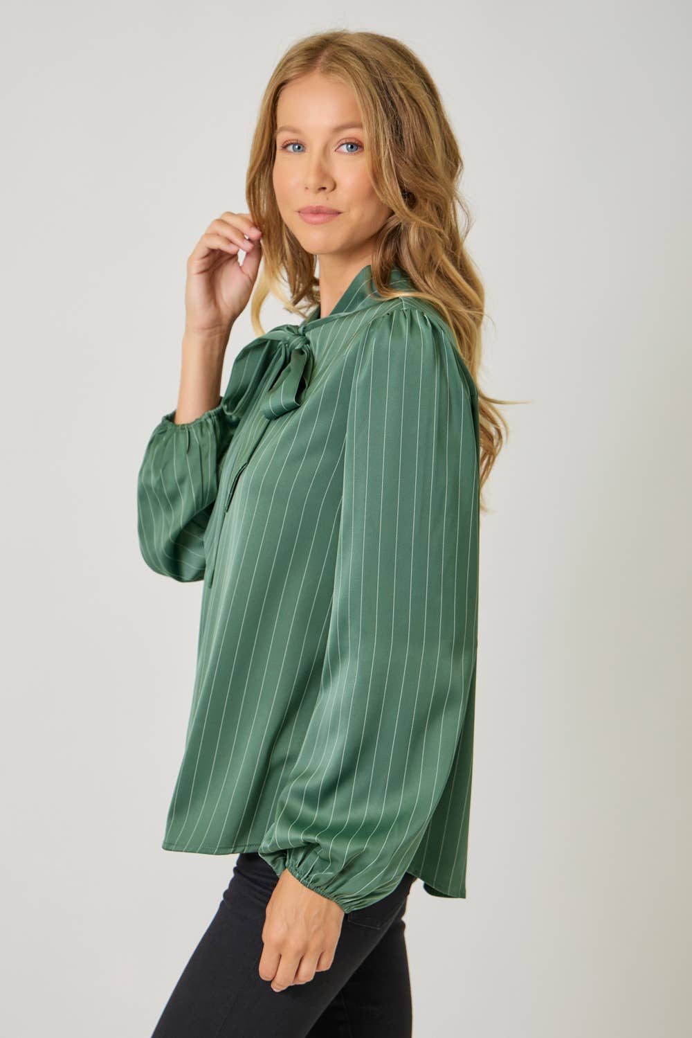 Ribbon Tie Stripe Bubble Sleeve Blouse - Purpose + Passion Boutique