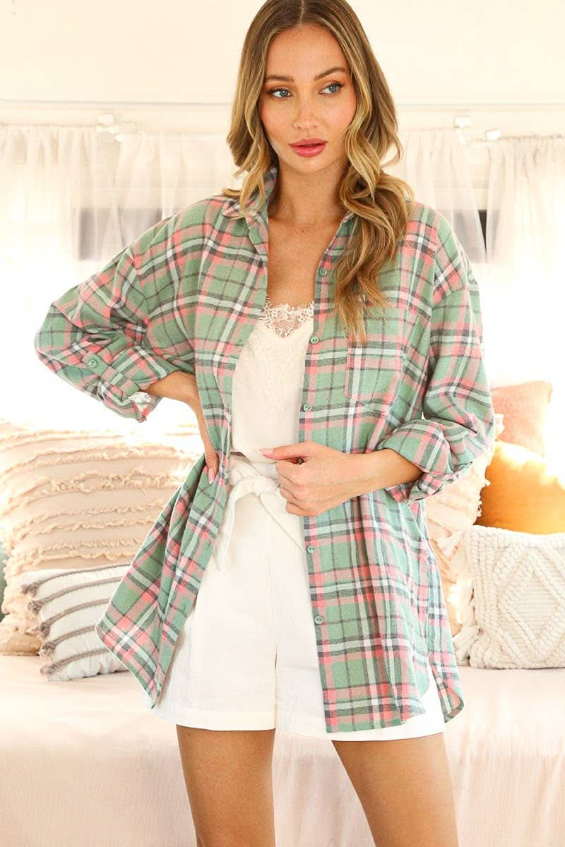 Roll - up Sleeve Plaid Drop Shoulder Oversized Shirt - Purpose + Passion Boutique