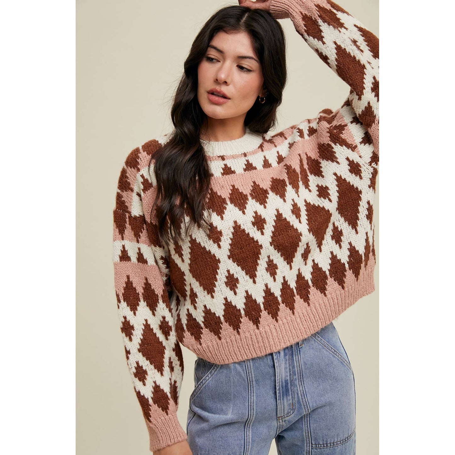 Rose + Chocolate Jacquard Crewneck Sweater - Purpose + Passion Boutique