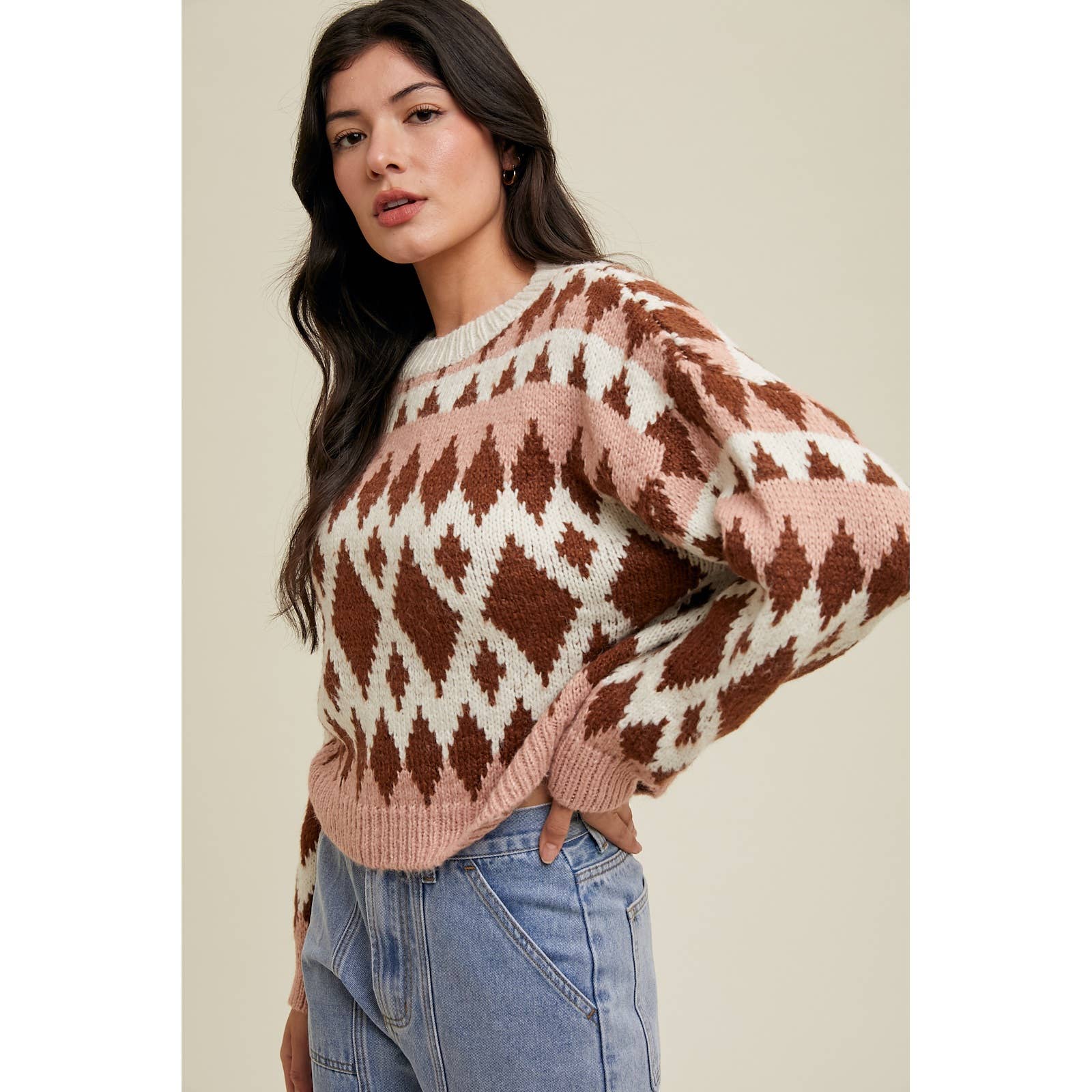 Rose + Chocolate Jacquard Crewneck Sweater - Purpose + Passion Boutique