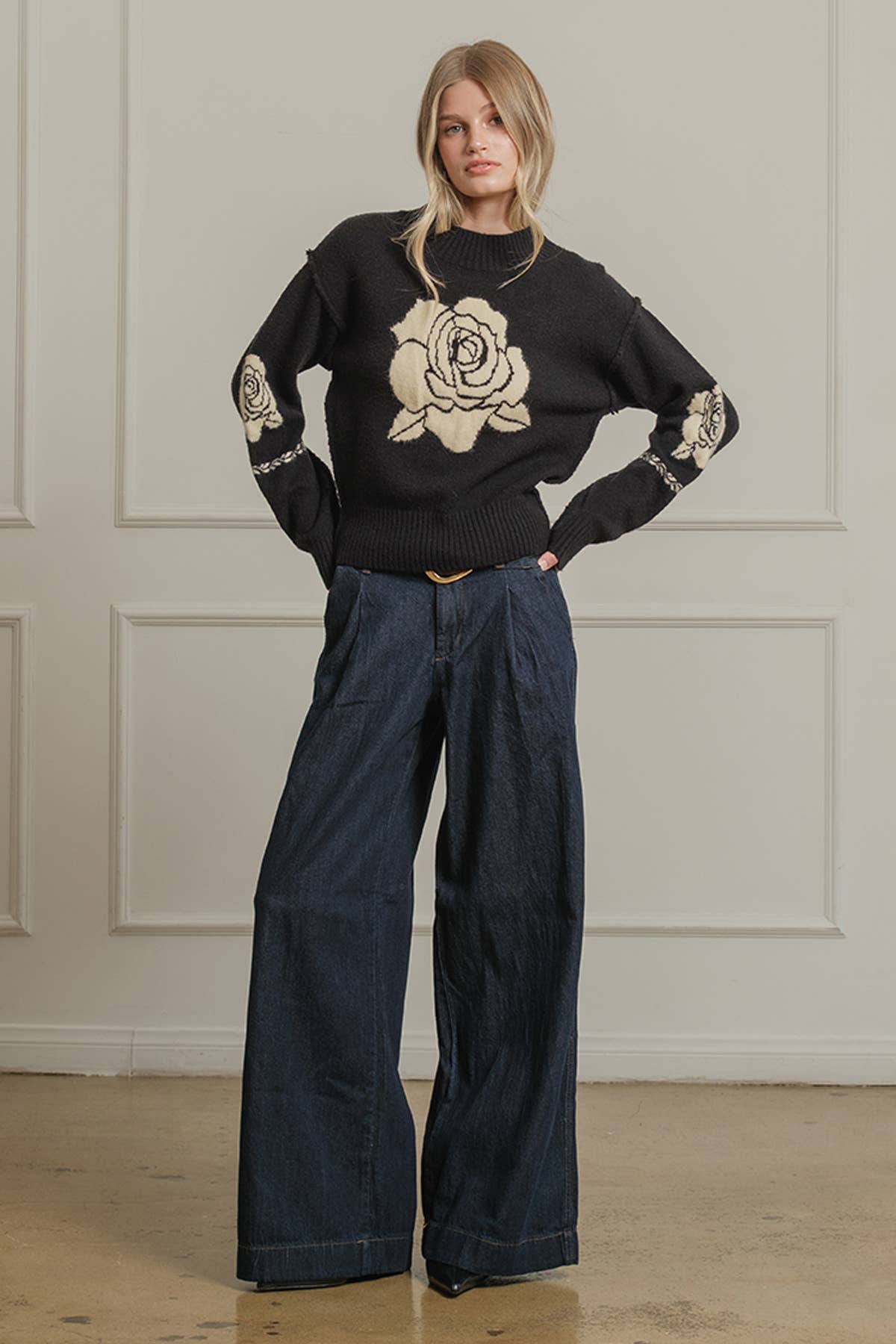 Rose Jacquard Knit Black Sweater - Purpose + Passion Boutique