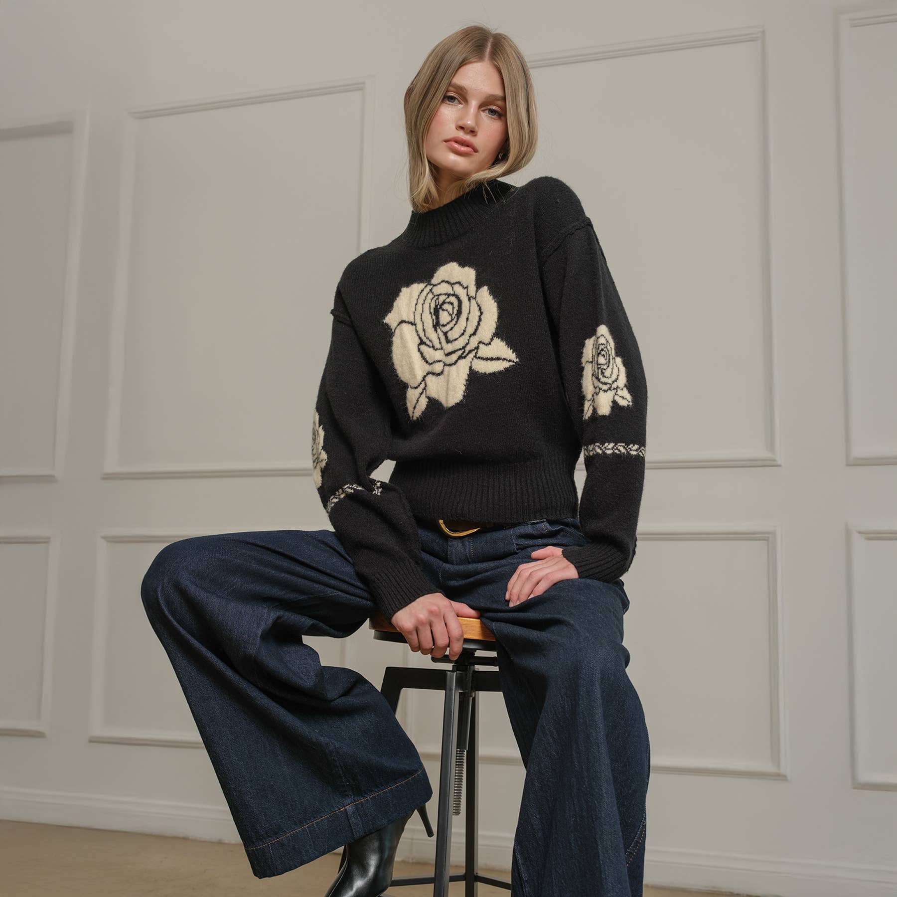 Rose Jacquard Knit Black Sweater - Purpose + Passion Boutique