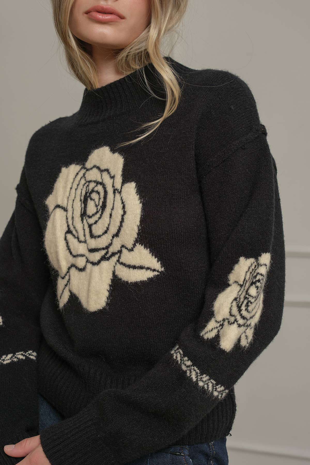 Rose Jacquard Knit Black Sweater - Purpose + Passion Boutique