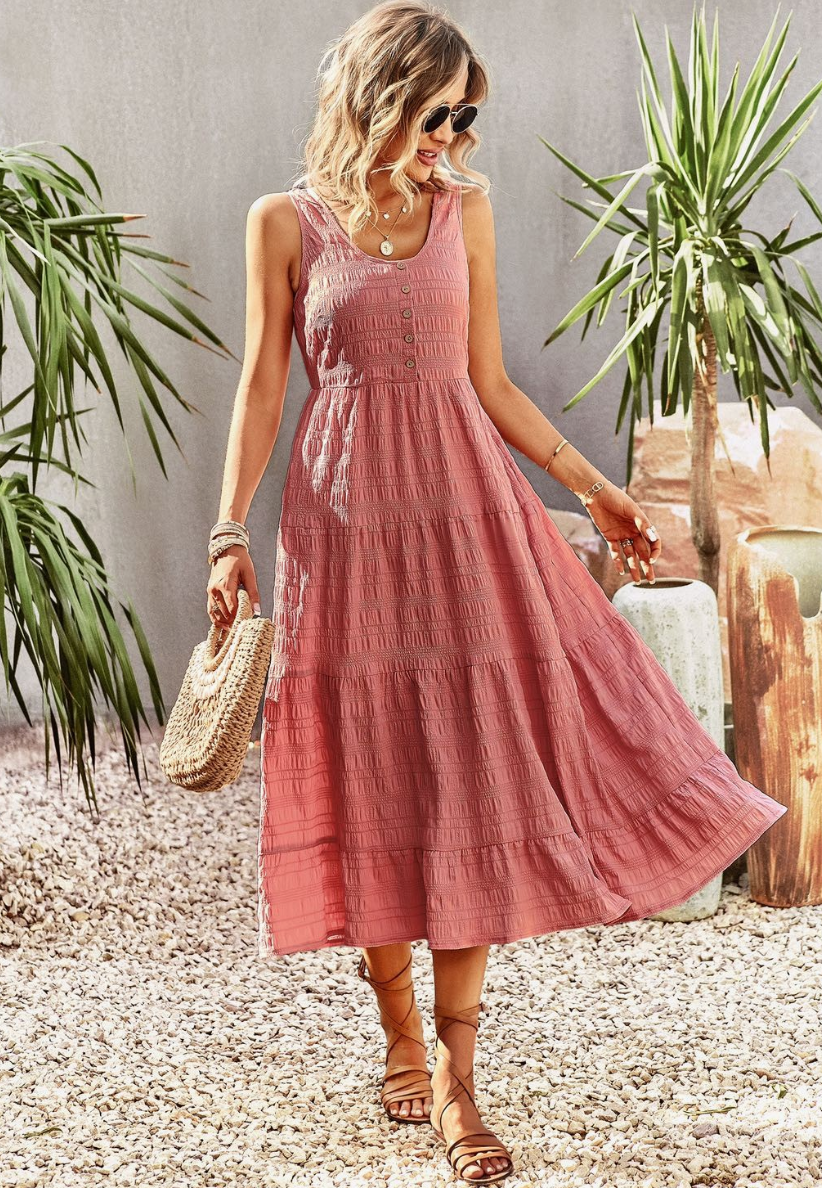 Rose Faux Button Front Midi Tiered Dress