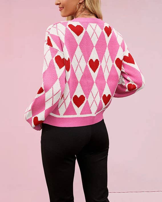 Rosie Red Argyle Heart Button Knit Cardigan - Purpose + Passion Boutique