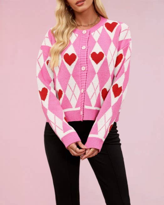 Rosie Red Argyle Heart Button Knit Cardigan - Purpose + Passion Boutique