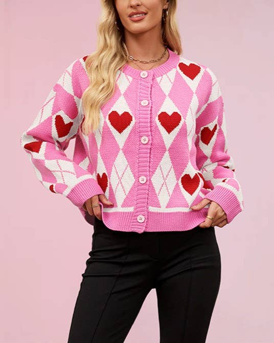 Rosie Red Argyle Heart Button Knit Cardigan - Purpose + Passion Boutique