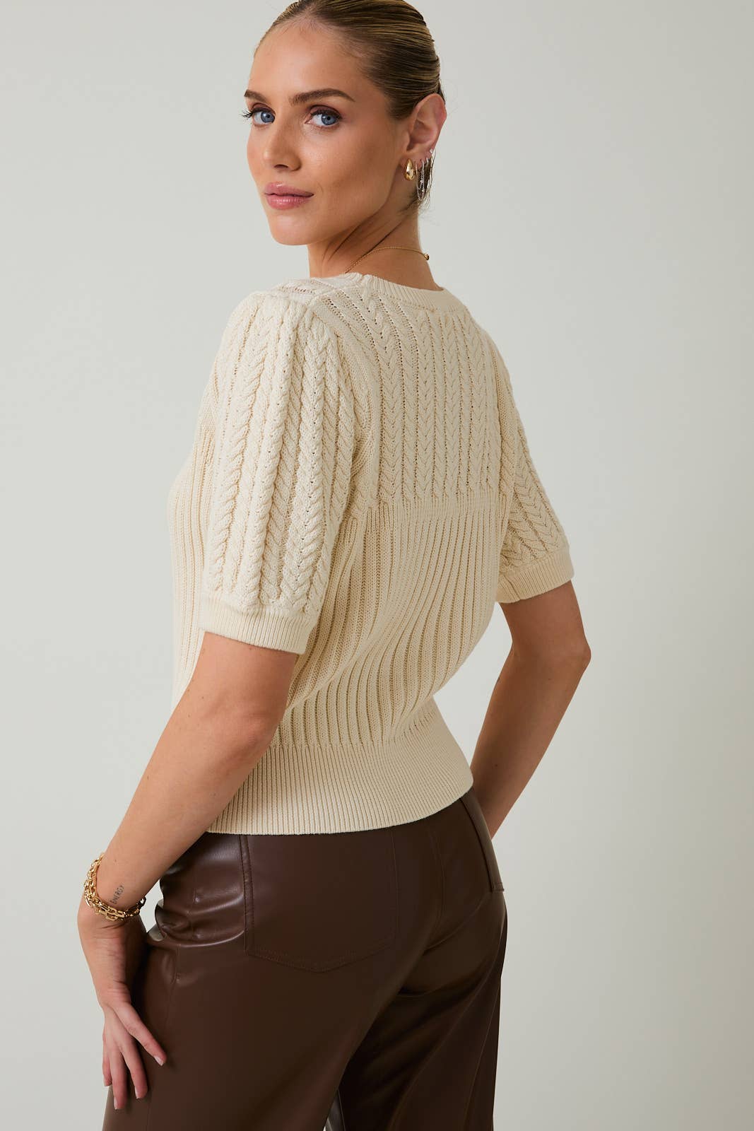 Round Neck Puff Sleeve Cable Sweater - Purpose + Passion Boutique