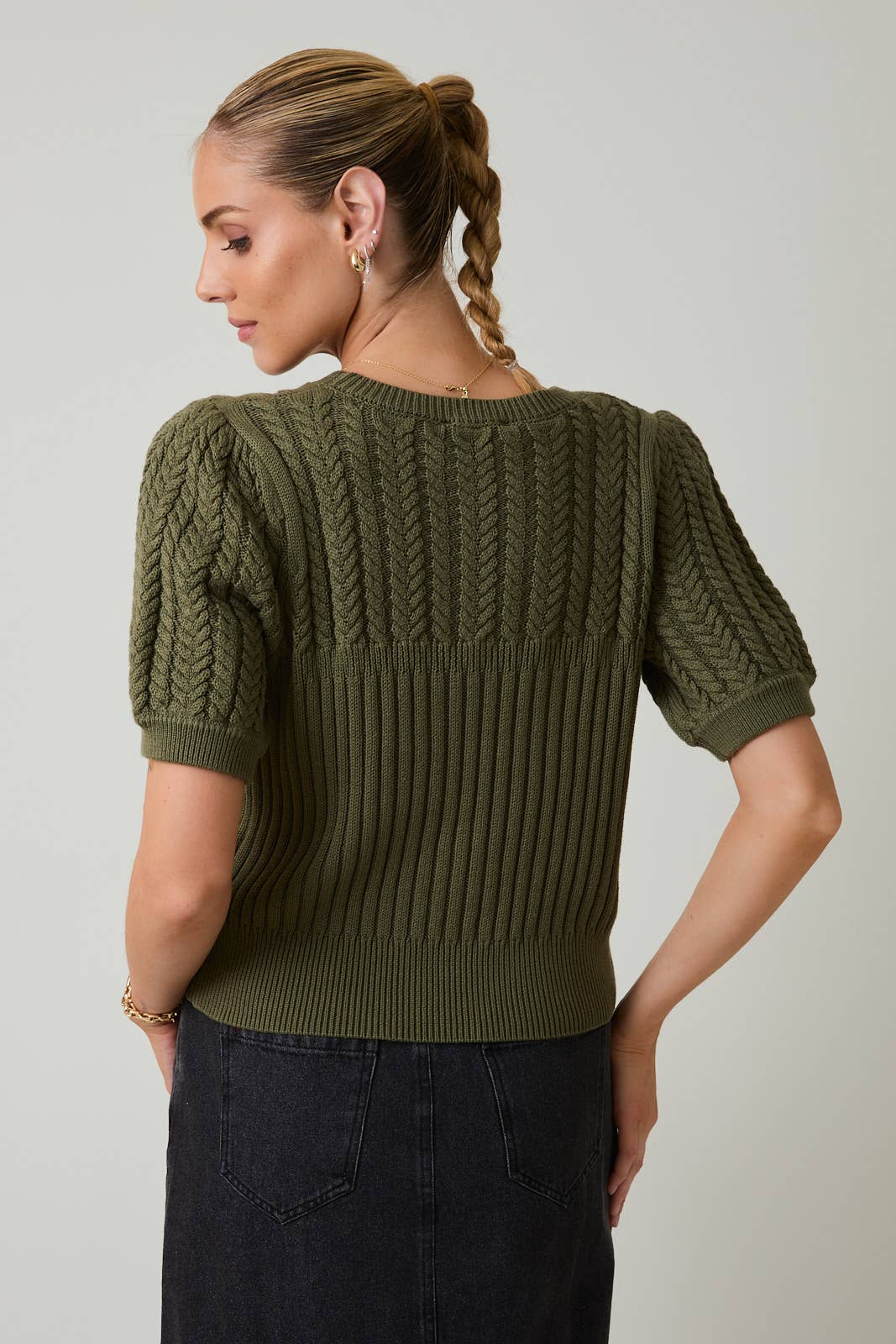 Round Neck Puff Sleeve Cable Sweater - Purpose + Passion Boutique