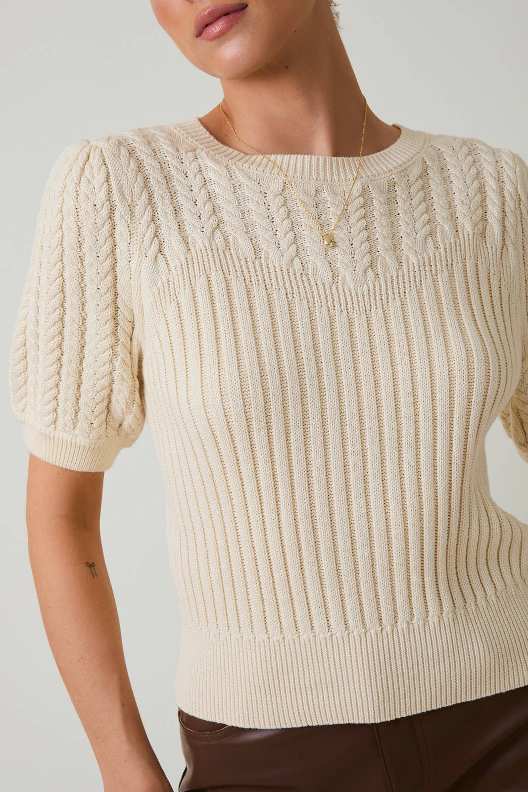 Round Neck Puff Sleeve Cable Sweater - Purpose + Passion Boutique