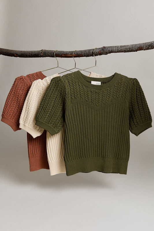 Round Neck Puff Sleeve Cable Sweater - Purpose + Passion Boutique