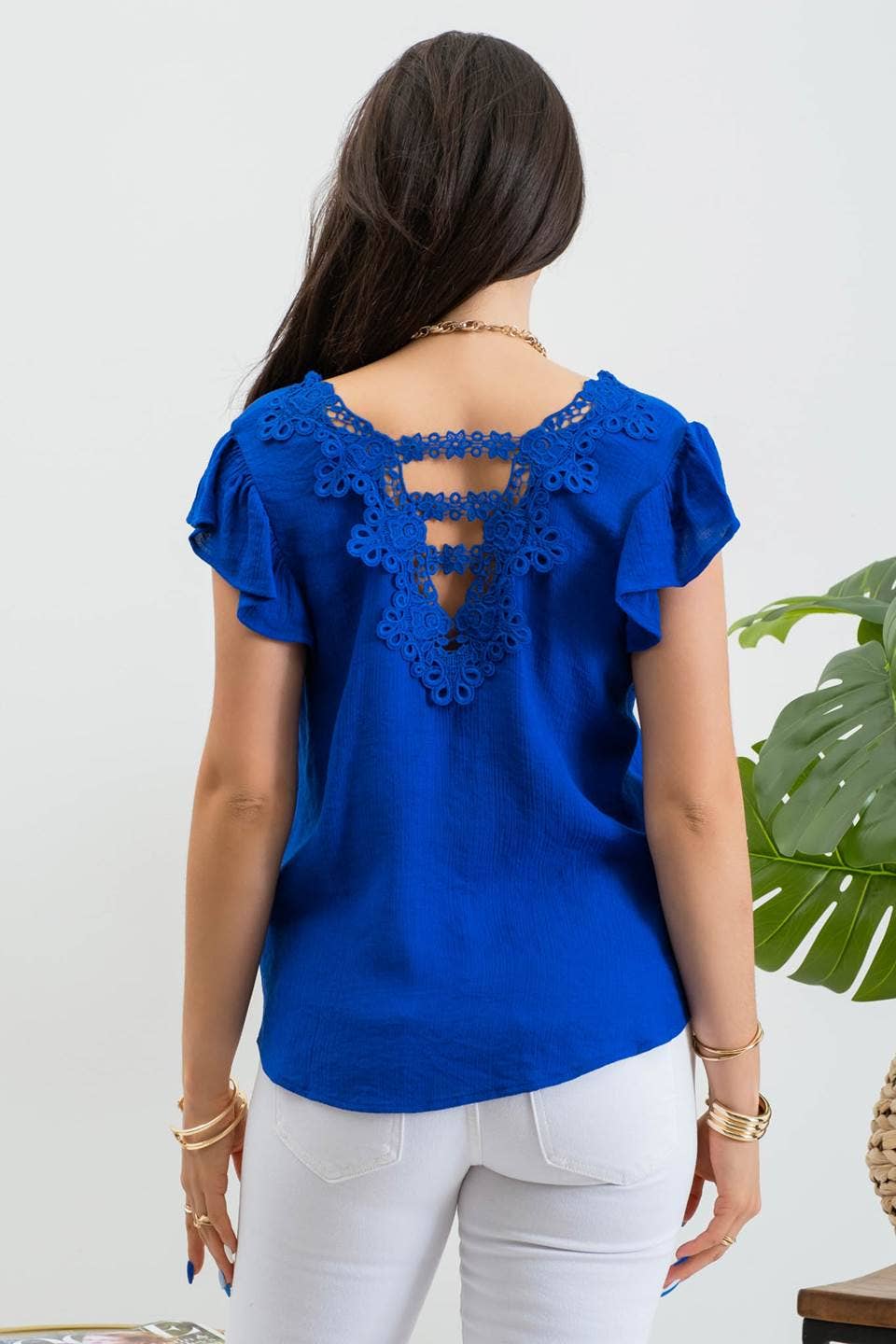 Royal Blue V - Neck Eyelet Lace Blouse - Purpose + Passion Boutique