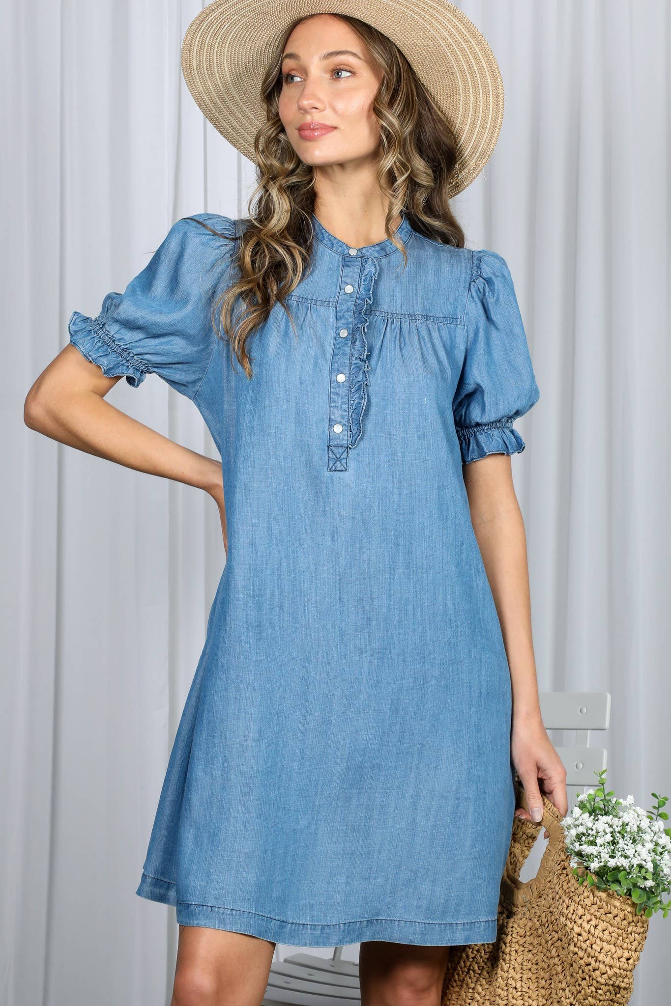 Ruffle Detail Chambray Tencel Mini Dress - Purpose + Passion Boutique