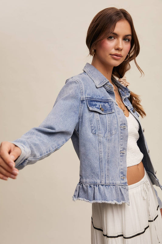 Ruffled Hem Light Denim Jacket - Purpose + Passion Boutique