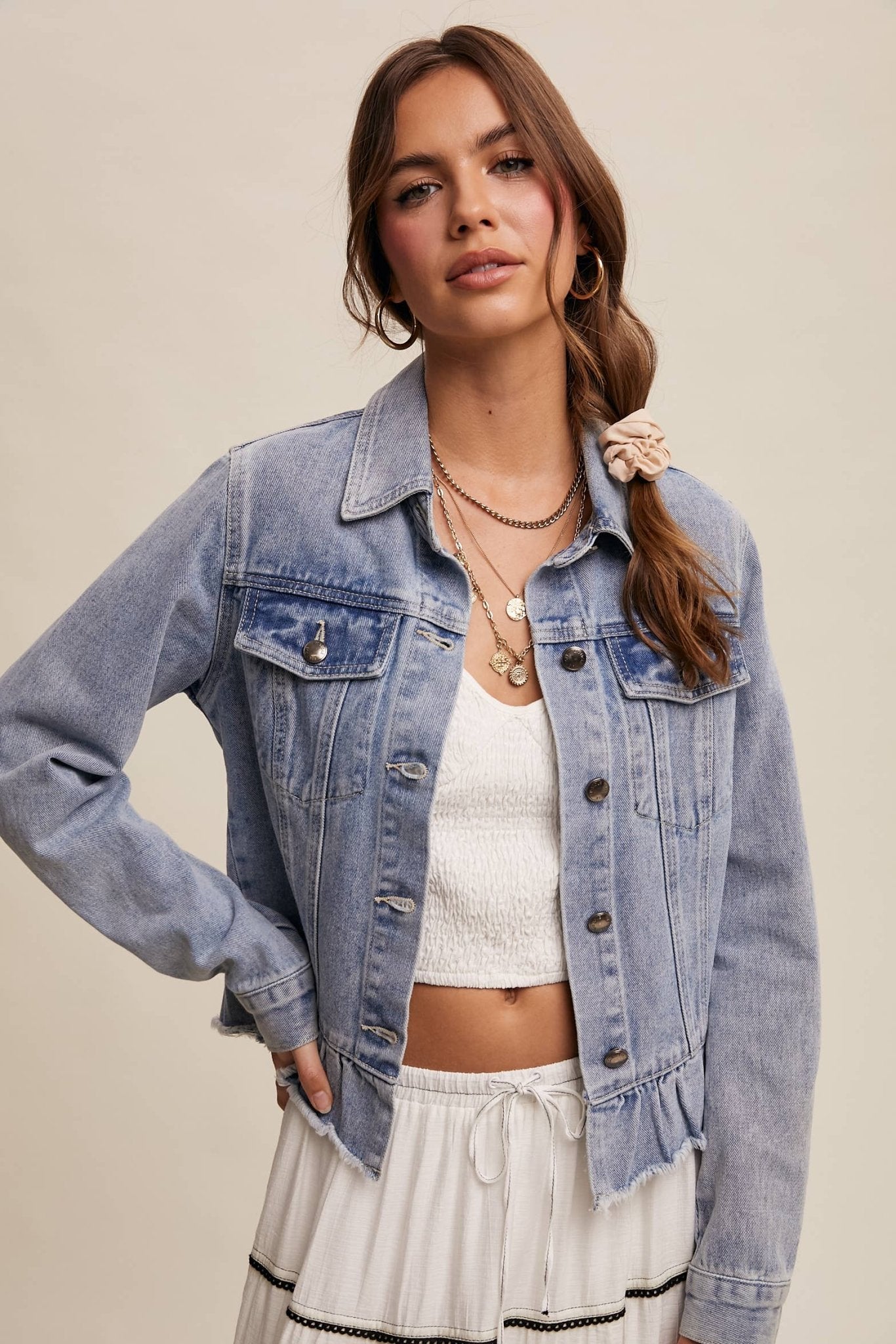 Ruffled Hem Light Denim Jacket - Purpose + Passion Boutique