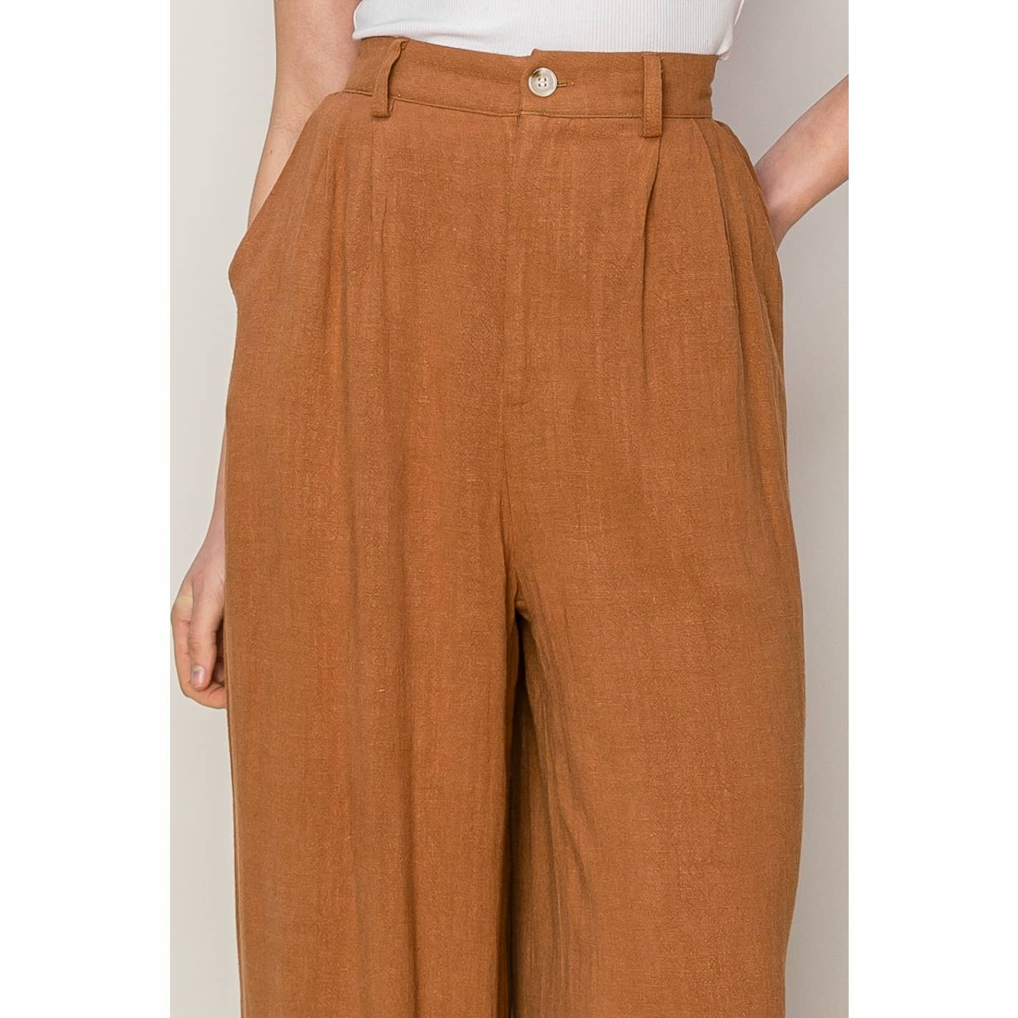 Rust Brown Linen Blend Pleated Wide Leg Pants - Purpose + Passion Boutique