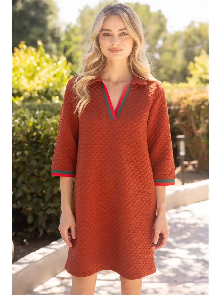 Rust Knit Detailed Collard Shift Dress - Purpose + Passion Boutique