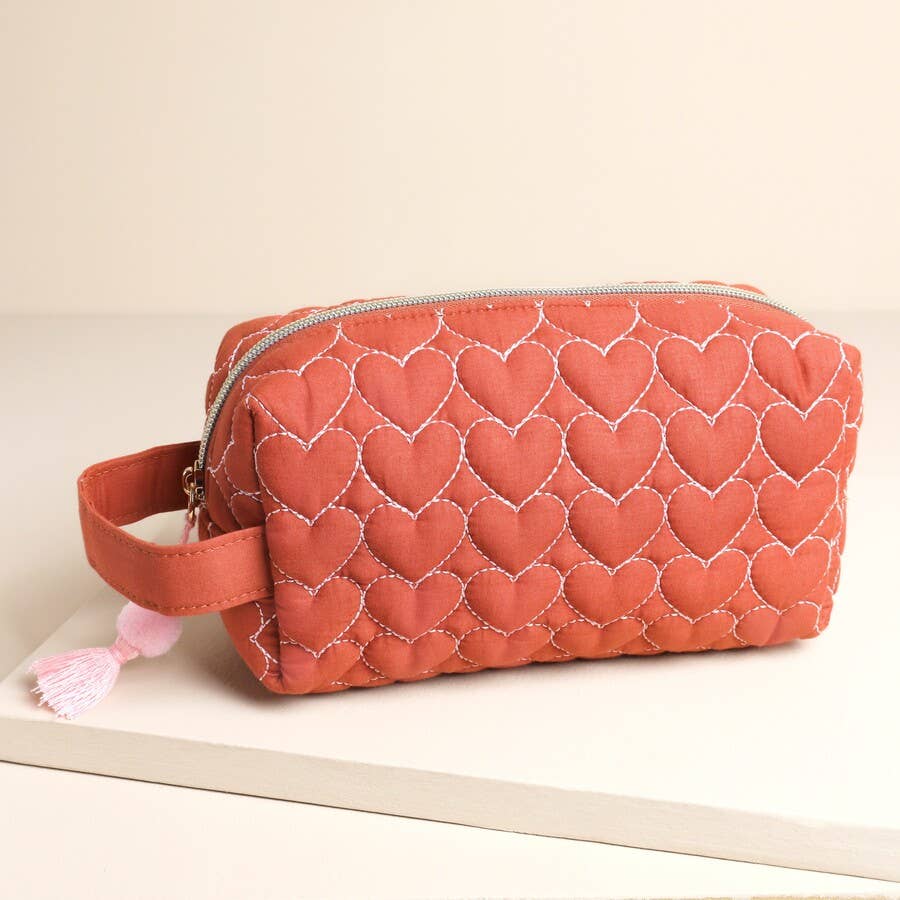 Rust Linen Heart Embroidered Makeup Bag - Purpose + Passion Boutique