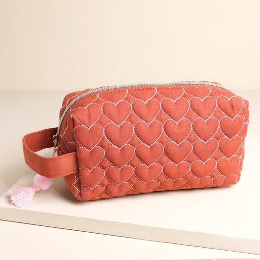 Rust Linen Heart Embroidered Makeup Bag - Purpose + Passion Boutique