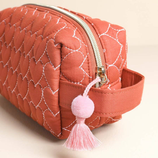 Rust Linen Heart Embroidered Makeup Bag - Purpose + Passion Boutique
