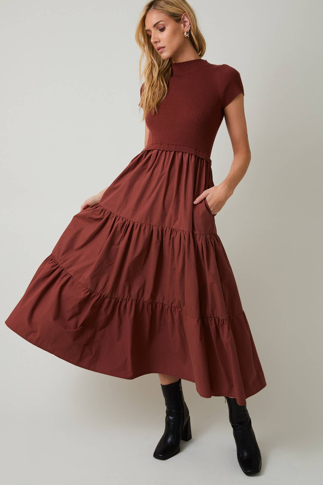 Rust Mock Neck Knit Tiered Dress - Purpose + Passion Boutique