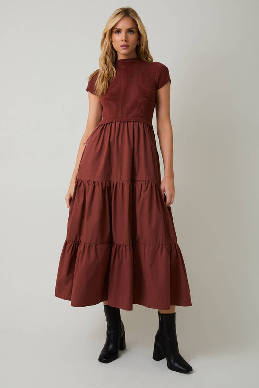 Rust Mock Neck Knit Tiered Dress - Purpose + Passion Boutique