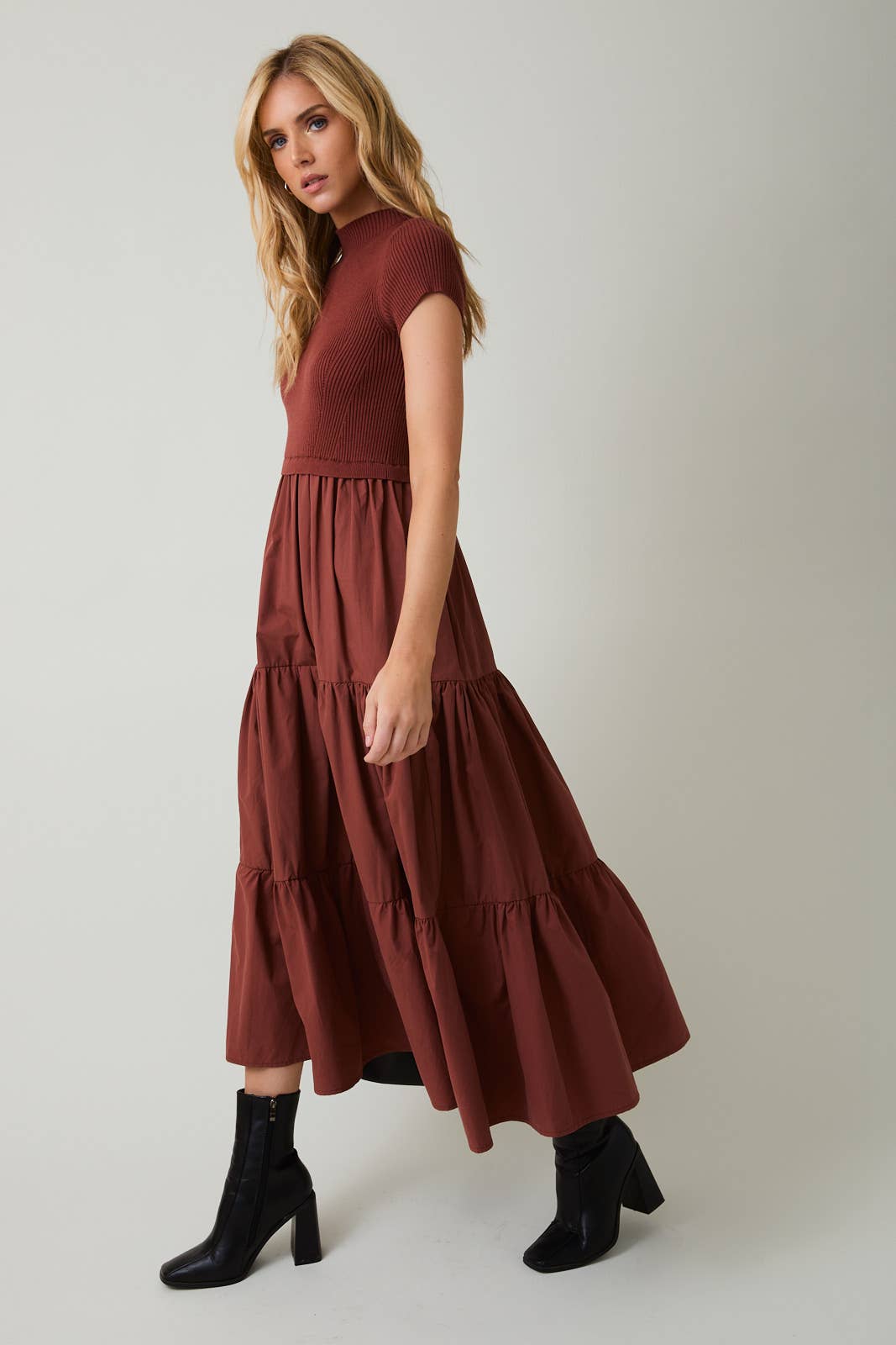 Rust Mock Neck Knit Tiered Dress - Purpose + Passion Boutique
